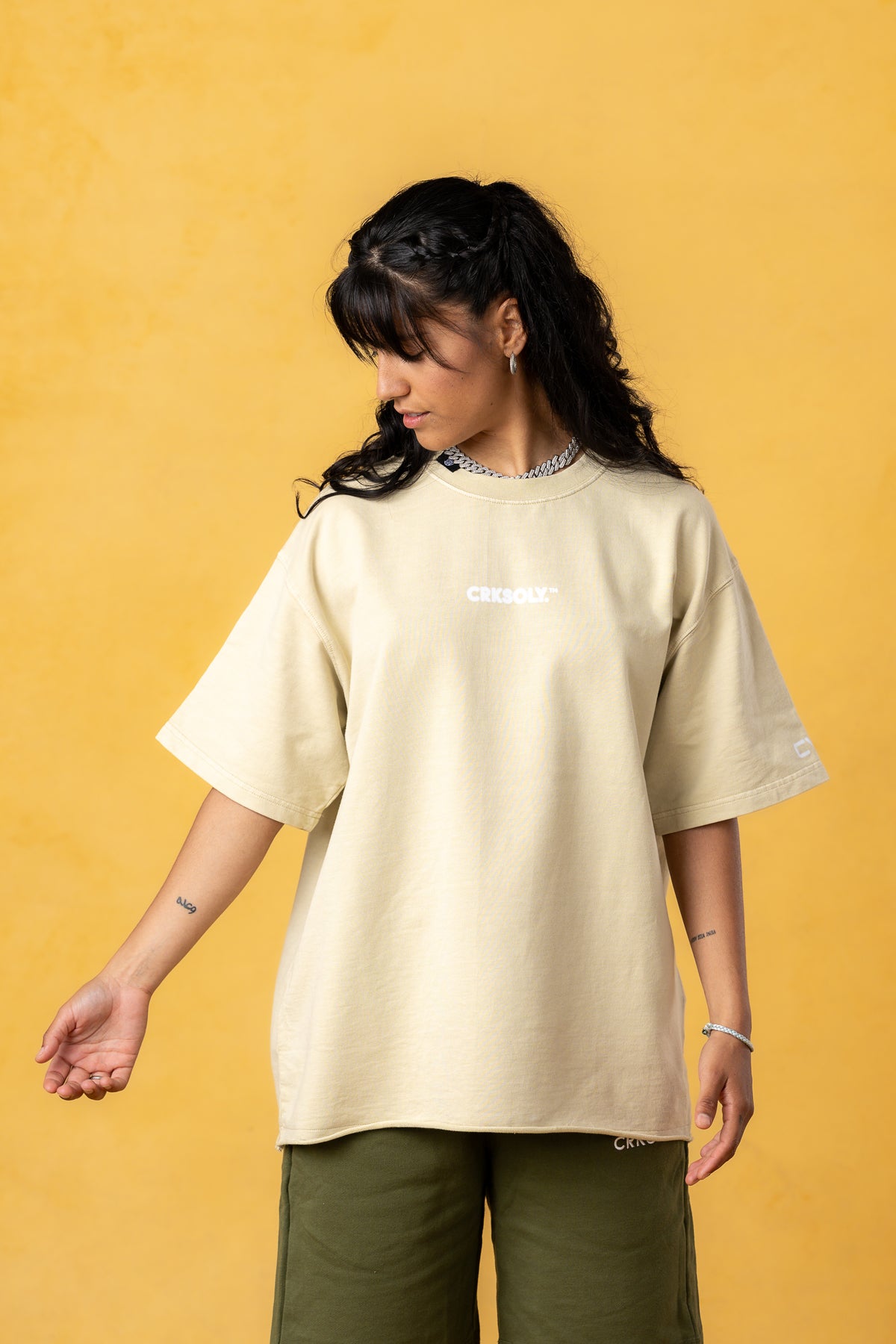 CRKSOLY. Women Oversized Cream Blur Cotton Tee, product photo 3