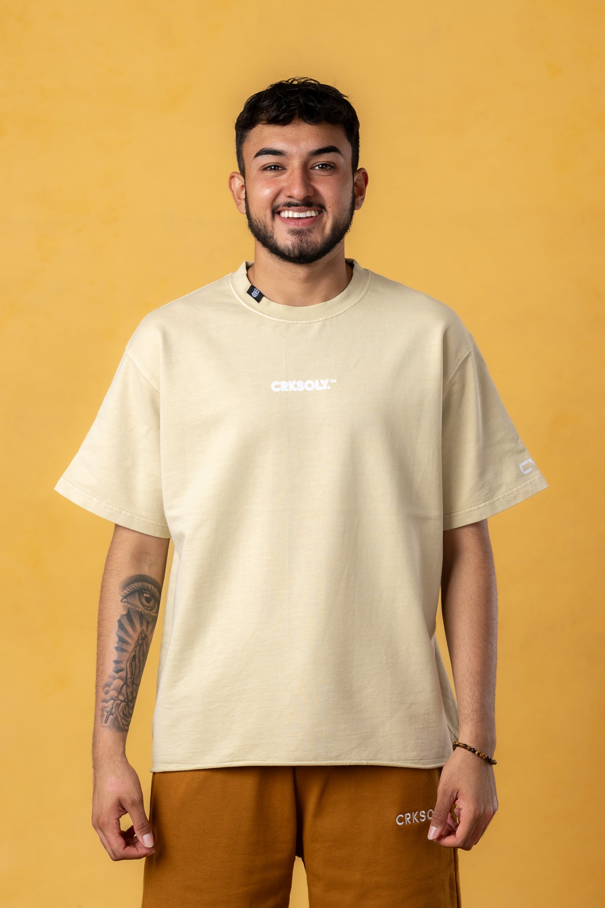 CRKSOLY. Men Oversize Cream Blur Cotton Tee, product photo 5