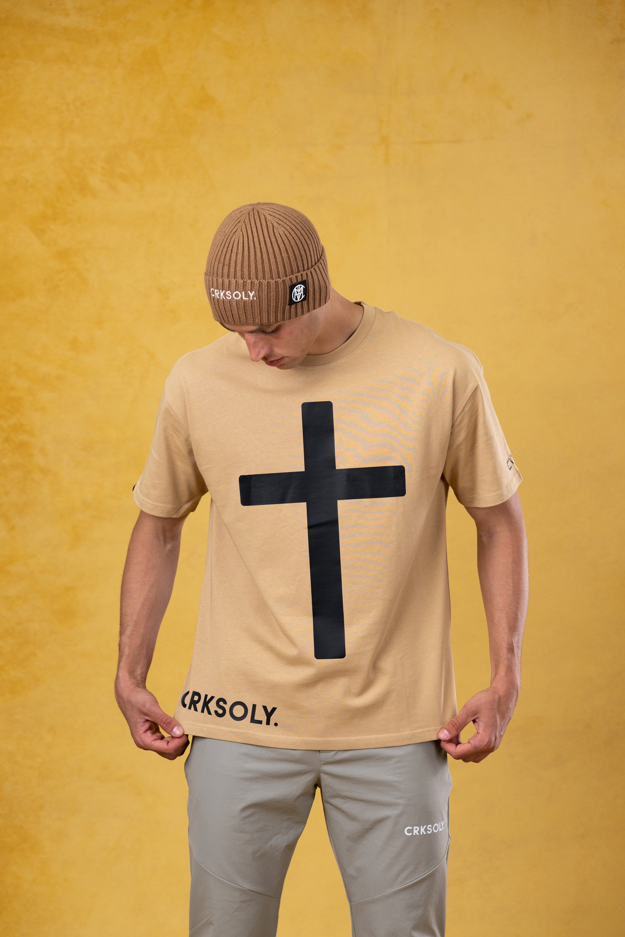CRKSOLY. Men Faith Tan Oversize Tee, product photo 4