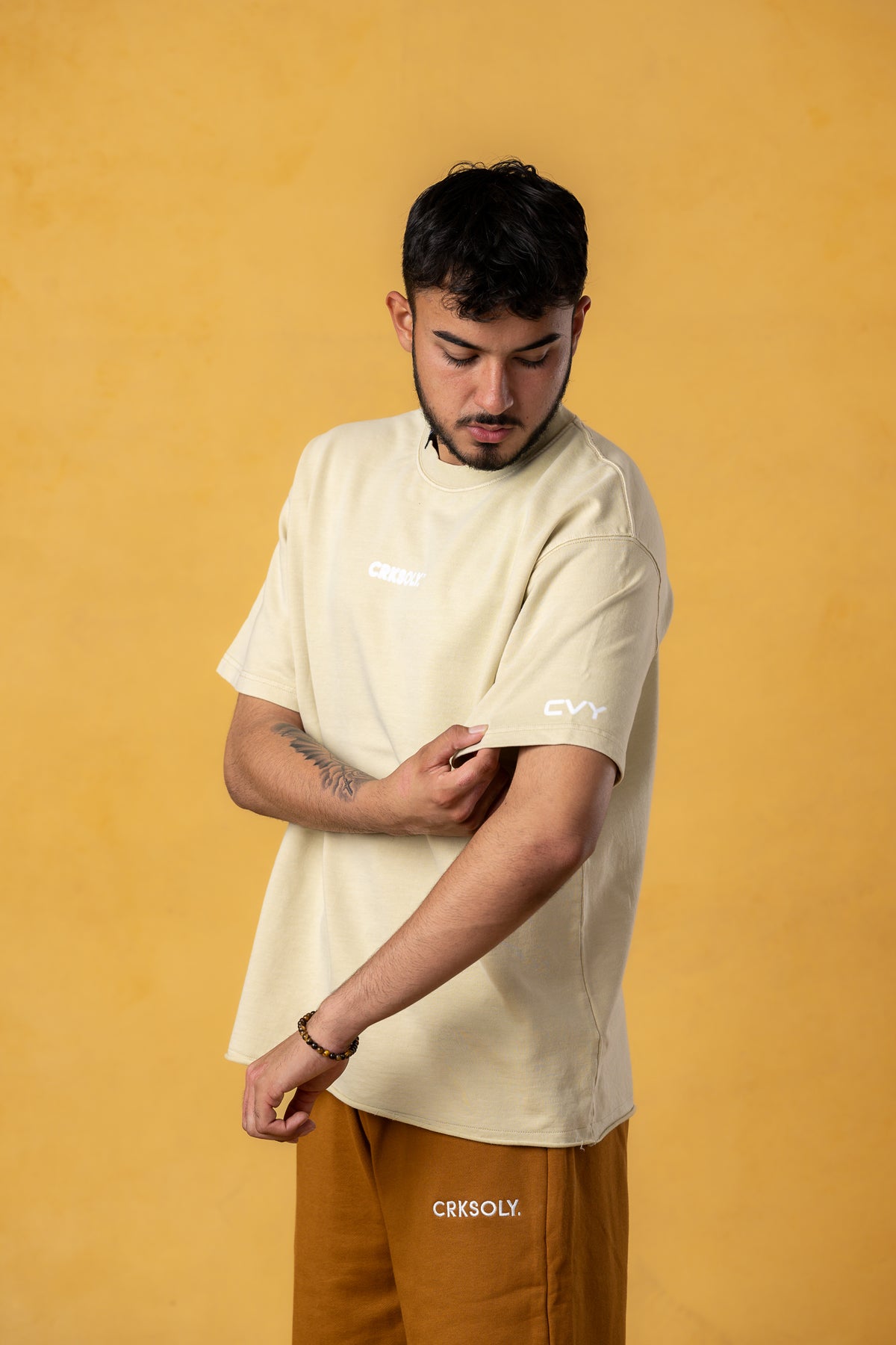 CRKSOLY. Men Oversize Cream Blur Cotton Tee, product photo 3