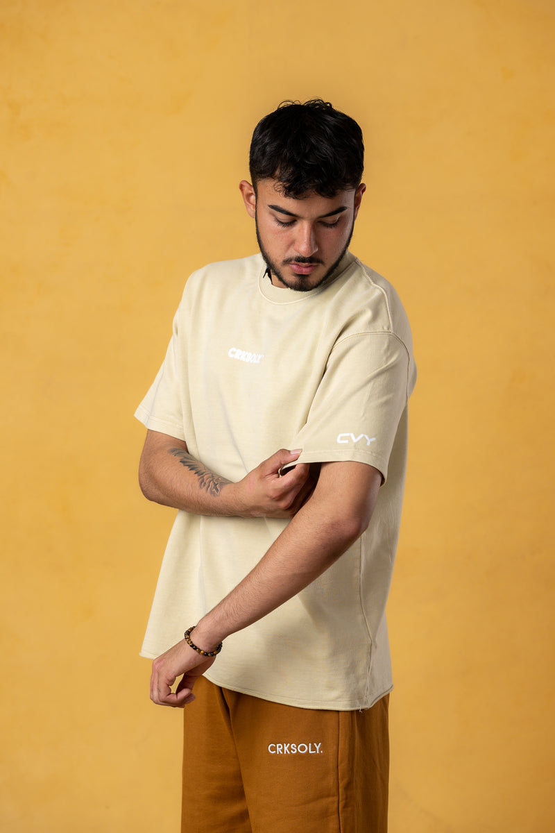CRKSOLY. Men Oversized Cream Blur Cotton Tee